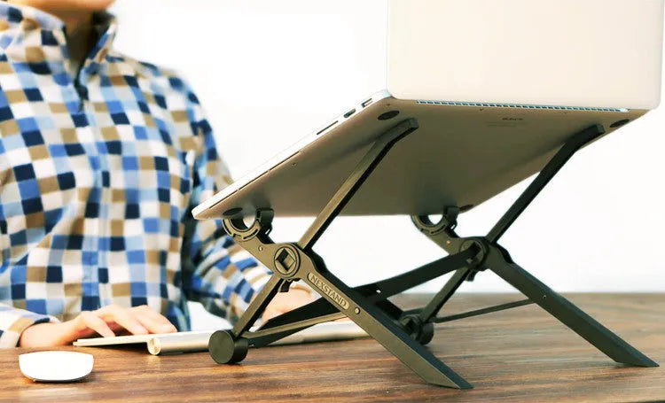 Black folding portable laptop stand with reinforced nylon construction showing 35.4cm width dimensions