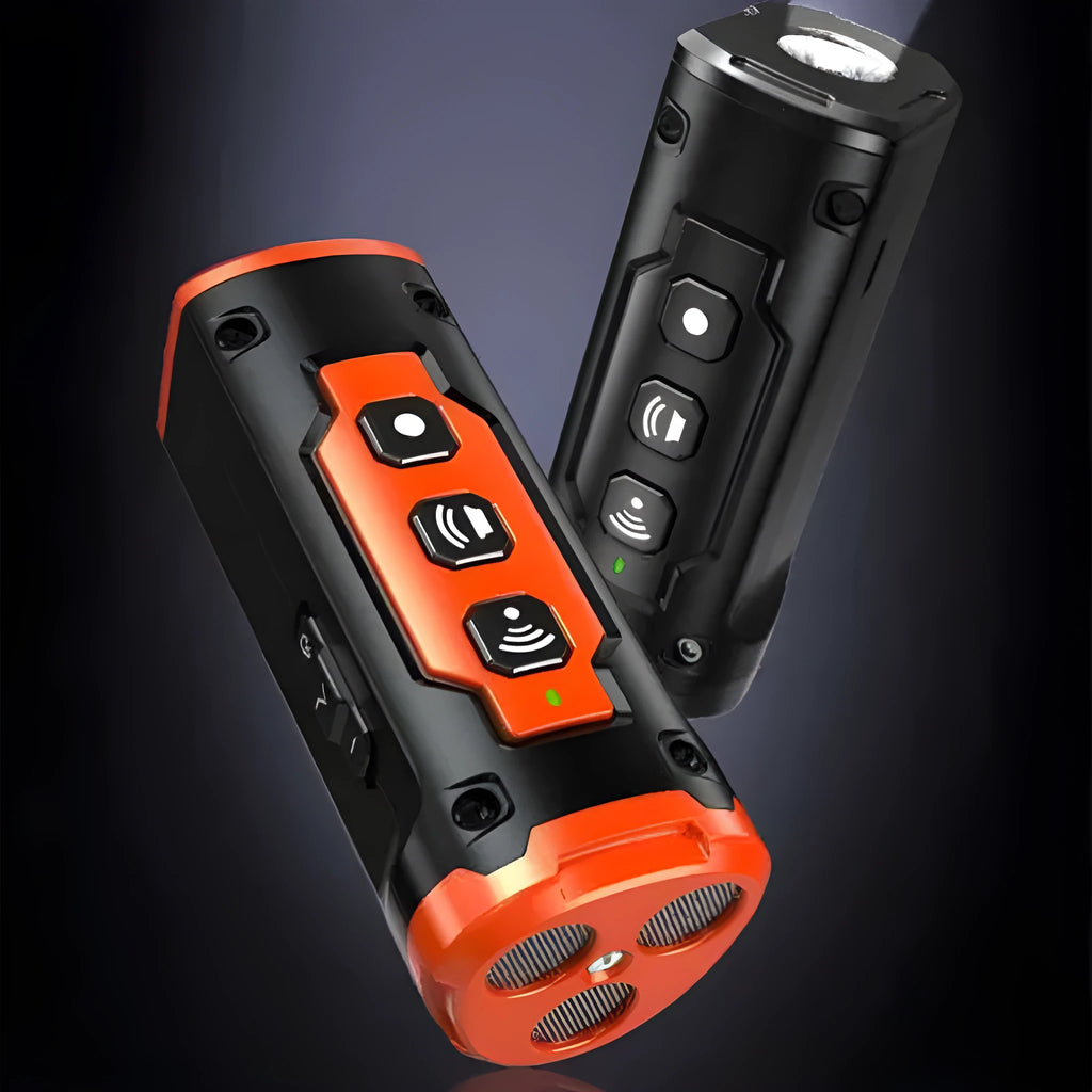 XP30 three-head ultrasonic dog repellent in black orange plastic housing with USB port and hanging rope