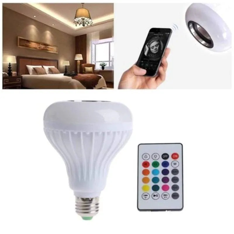 White E27 smart LED bulb with built-in Bluetooth speaker and remote control for colour-changing light.