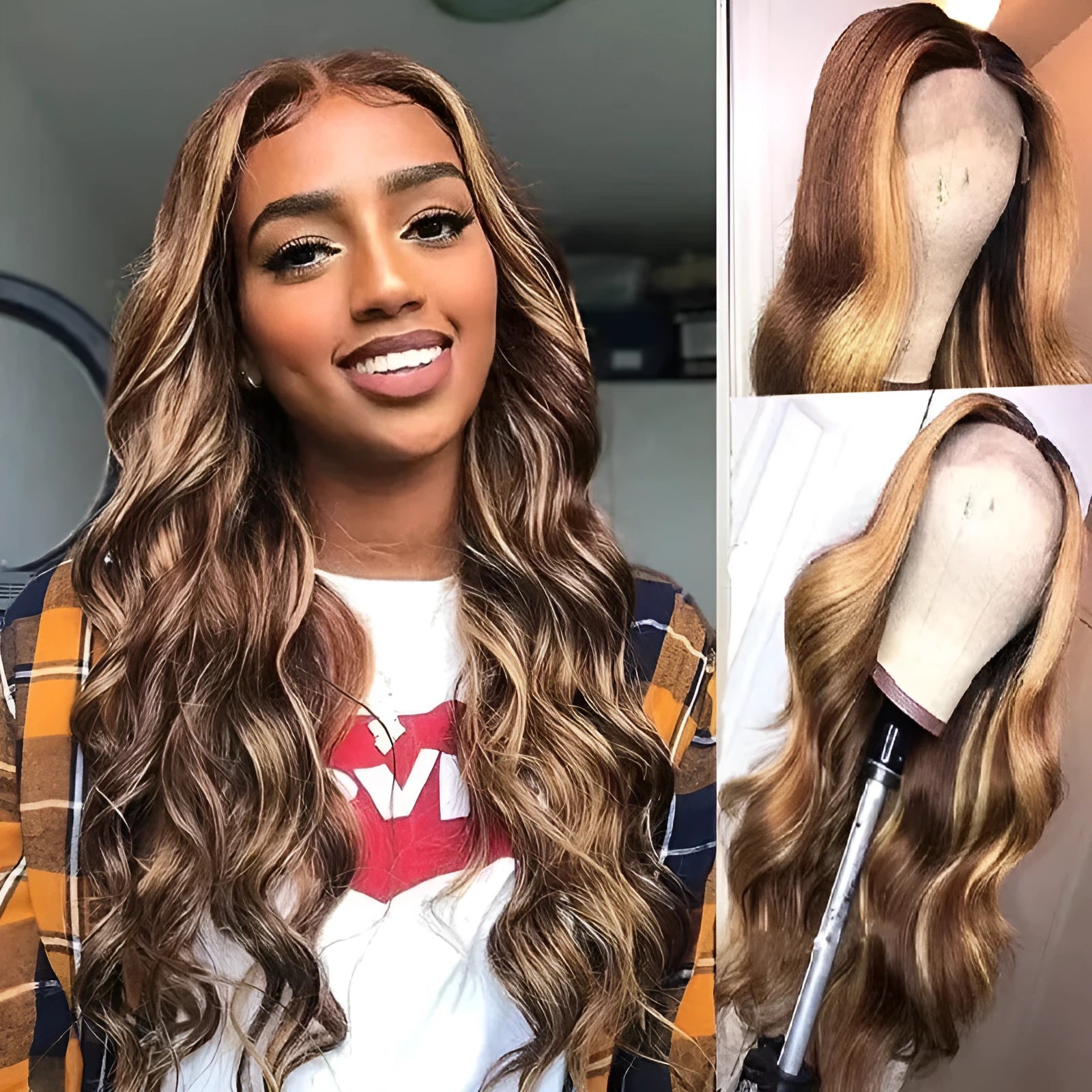 Front lace wig with African black gradient colour and big wave styling on mannequin head