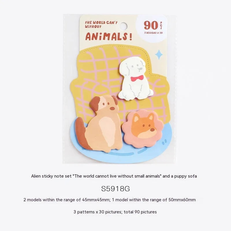 Animal shaped sticky note set showing six cover colour options including kitten and puppy designs