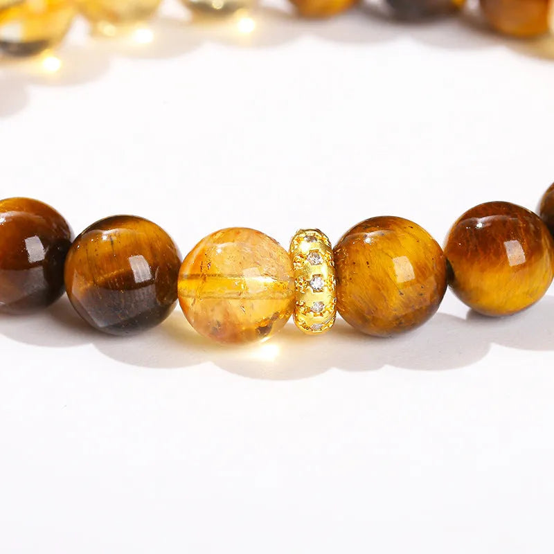 Yellow tiger eye crystal bracelet with 8mm natural stone beads and mixed yellow tower beads