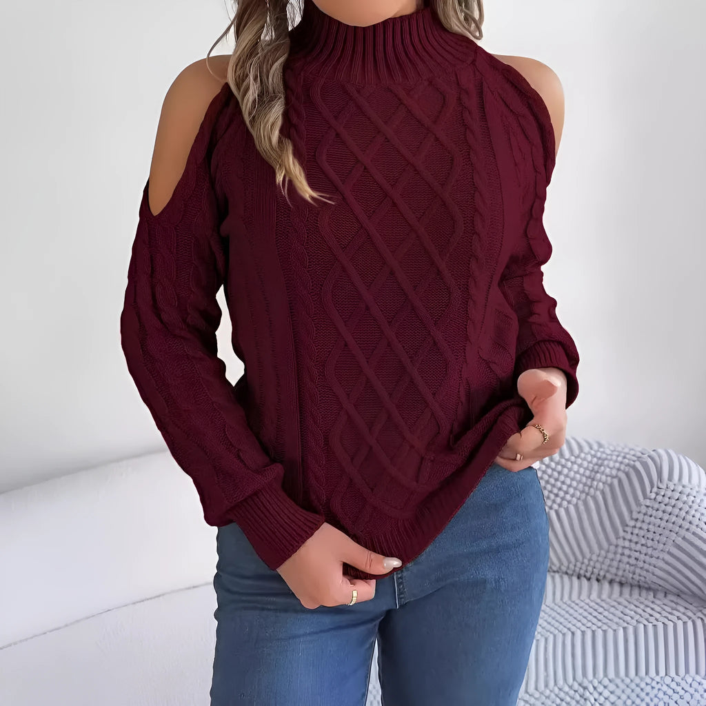 Women's gray strapless collar sweater with twisted pattern and lantern sleeves