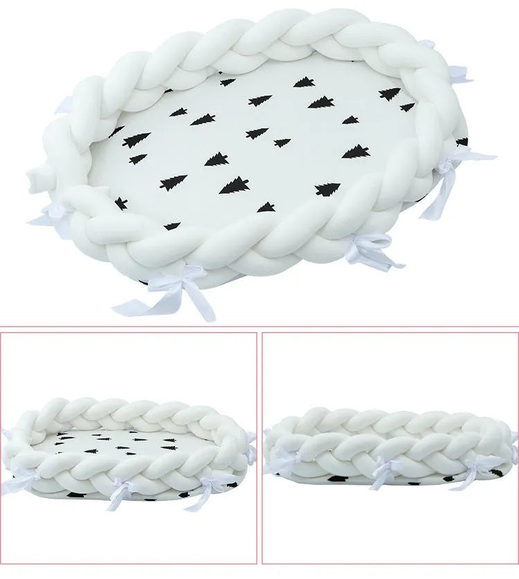 Woven twist baby bionic bed in cotton, shown in green, star, and yellow colour options.