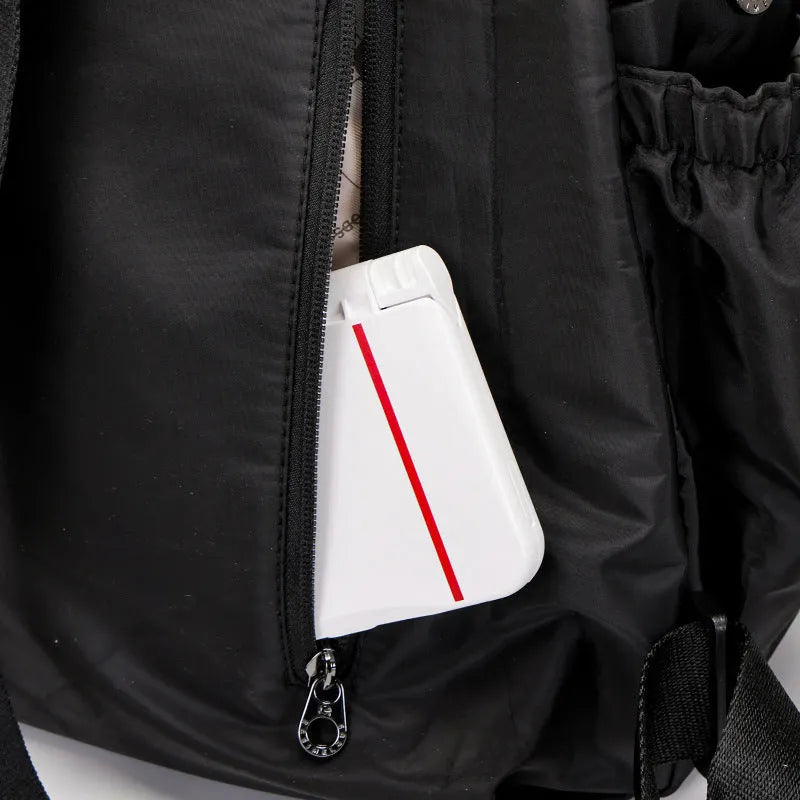Large black nylon outdoor backpack with sandwich pocket, showing dimensions of 48cm height.
