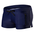Men's black high waist swimming trunks with a white lace-up front closure.