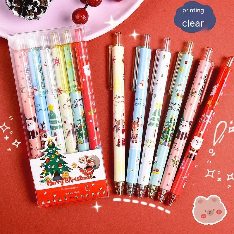 Set of six black ink signature pens with colourful cartoon design on plastic shells.