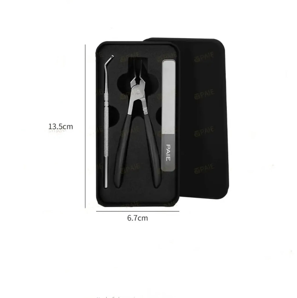 Portable household nail maintenance kit with anti-splash design showing multiple grooming tools including champagne pliers and bent nose pliers
