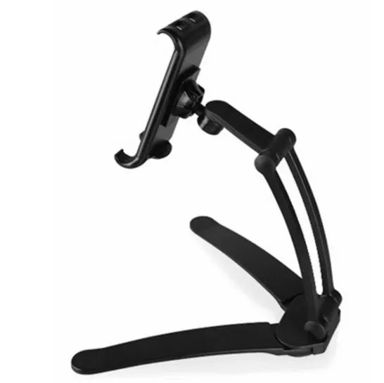 Silver aluminium alloy desktop stand holding a tablet at an angle, with adjustable clips and a white mounting base.