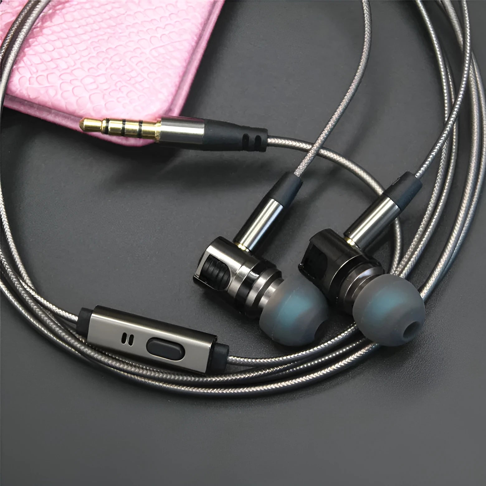 Titanium grey metal in-ear earphones with detachable aluminium foil TPE cable