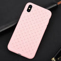 Luxury grid weaving pattern iPhone case in various colours showing raised screen lip and precise button cutouts.