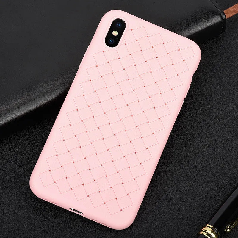 Luxury grid weaving pattern iPhone case in various colours showing raised screen lip and precise button cutouts.