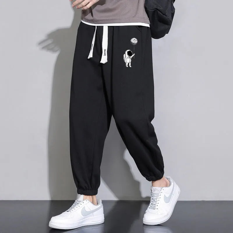 Men's cropped casual tapered trousers in 100% polyester, mid waist, sizes M-4XL, black grey apricot brown