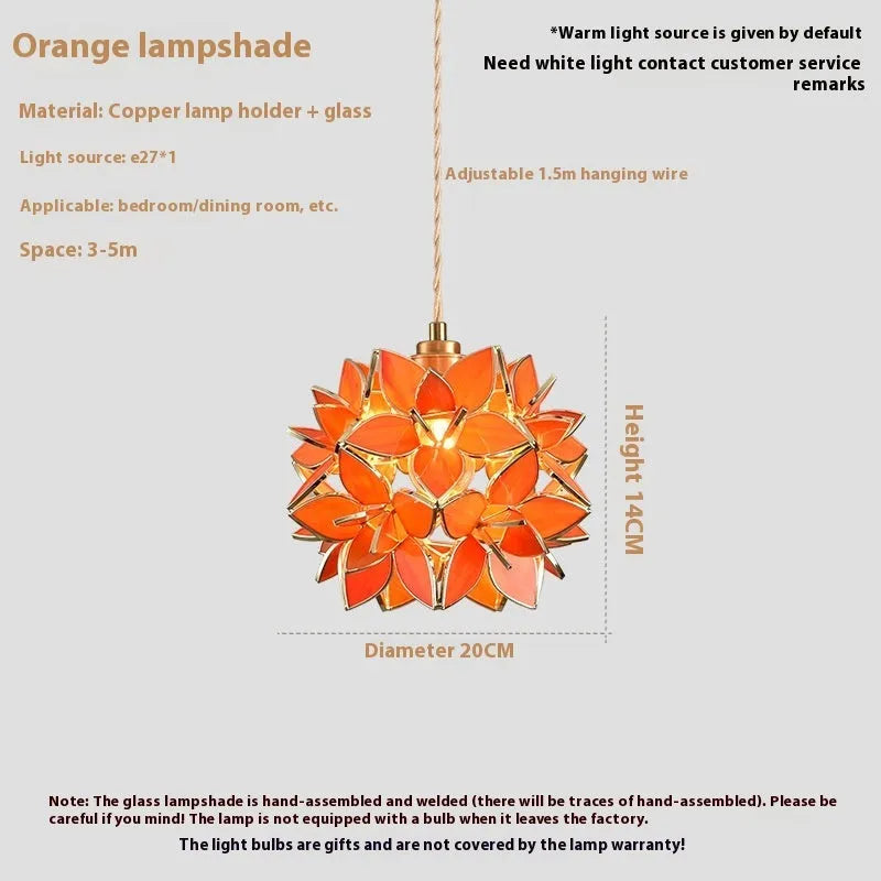 Stained glass hanging chandelier with copper fitting, shown in one of its blue, orange, pink, white or transparent colour options.