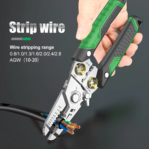 Stainless steel 7-in-1 wire stripper with two-colour handle and seven sized stripping ports.