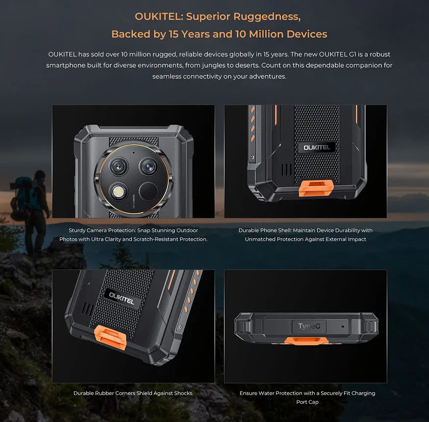 OUKITEL G1 mobile phone in green, grey, or orange colour with included charger