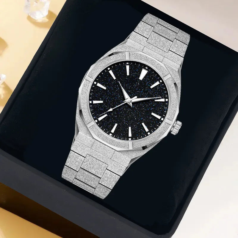 Men's frosted stainless steel business watch with luminous markers on dial in black, gold, or silver.
