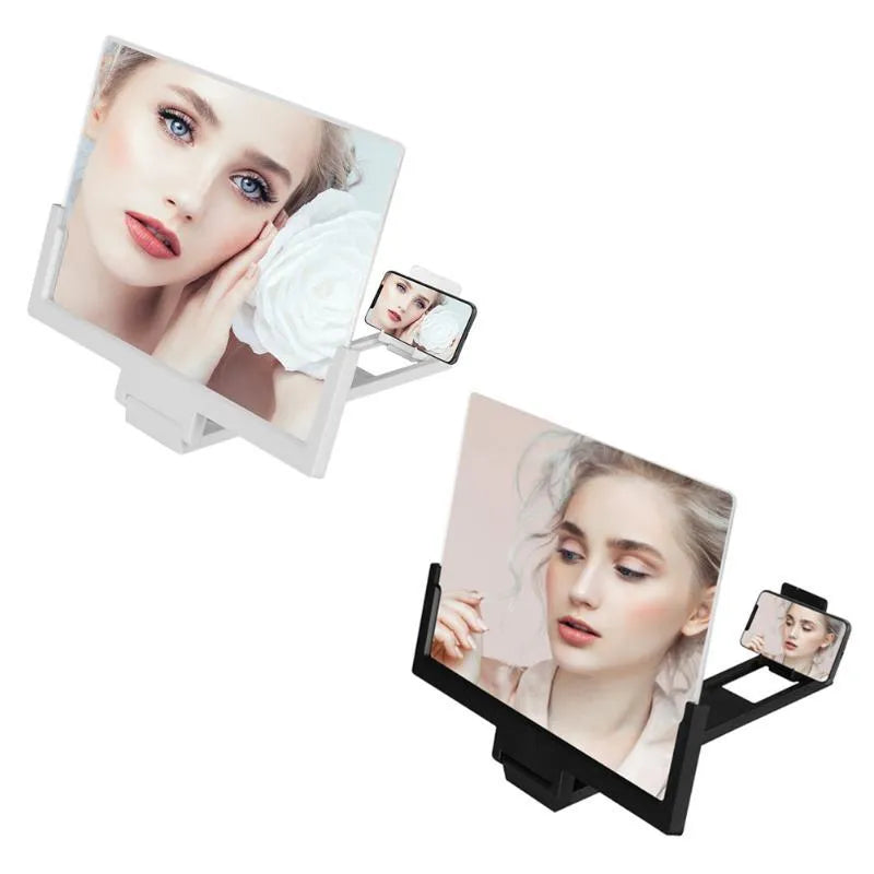 Black adjustable mobile phone stand with magnification lens holding smartphone