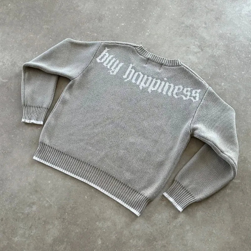 Grey loose-fit long sleeve acetate Jacquard knit pullover coat on a hanger.