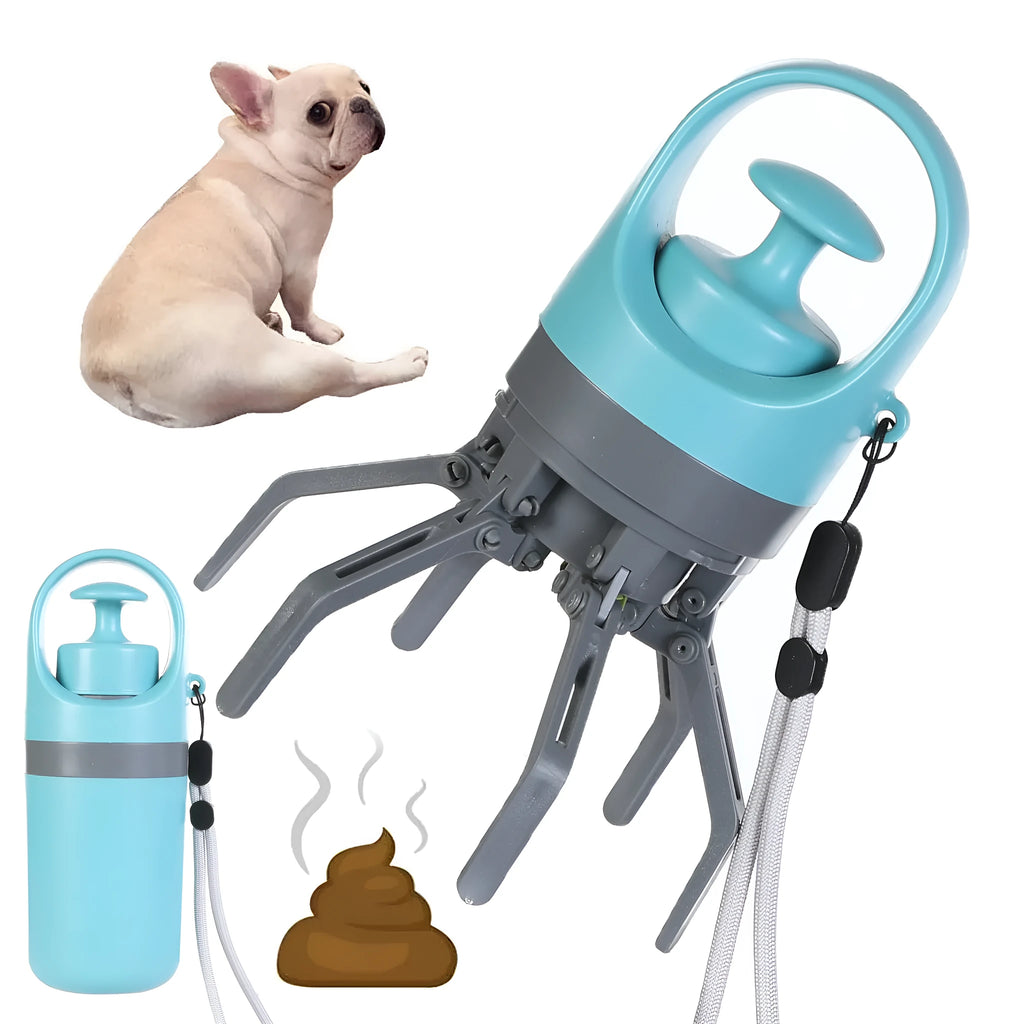 Blue portable dog pooper scooper with built-in bag dispenser and eight-claw shovel mechanism