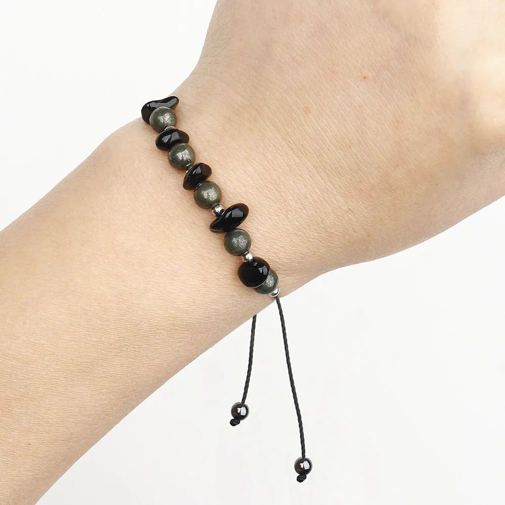 Black garnet stone beaded bracelet with geometric shapes and moon element design