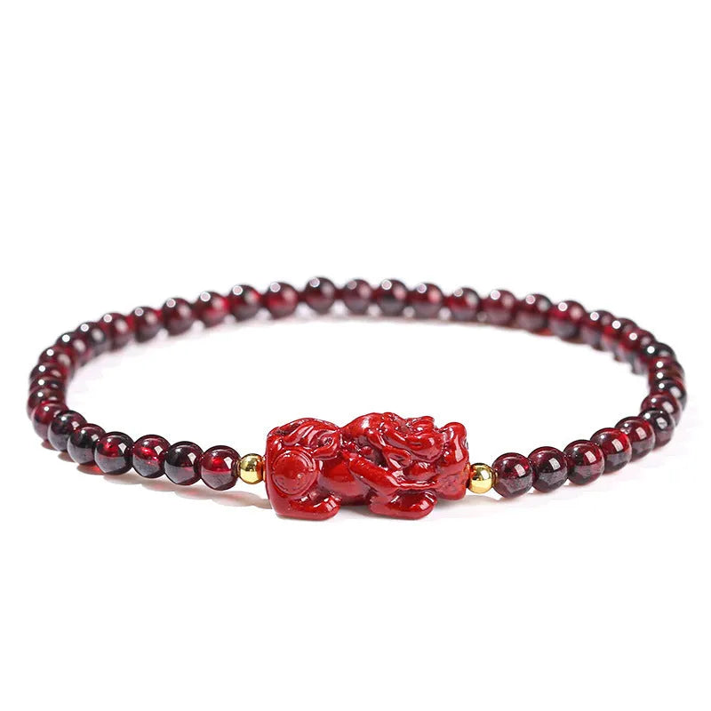 A square geometric bracelet for women made from natural Garnet and Strawberry Quartz with a carved Pixiu charm.