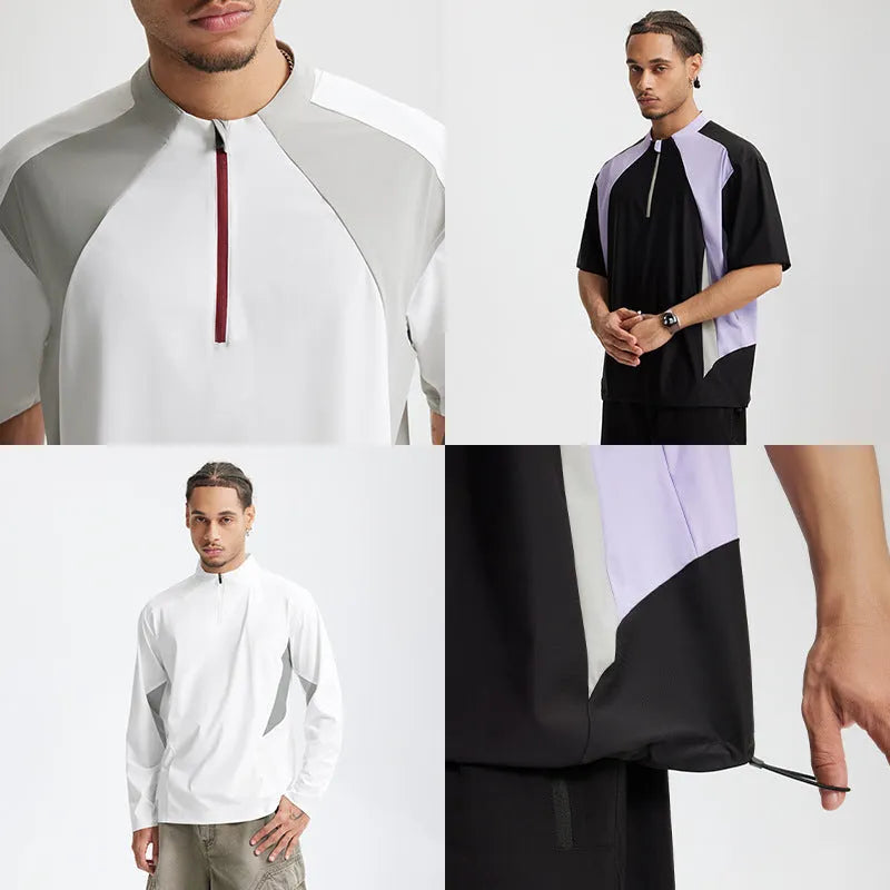 Men's lightweight polyester casual shirt in black and beige with long and short sleeve options