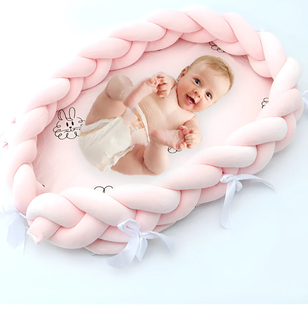 Woven twist baby bionic bed in cotton, shown in green, star, and yellow colour options.