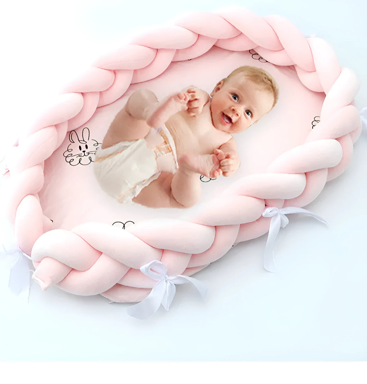 Woven twist baby bionic bed in cotton, shown in green, star, and yellow colour options.