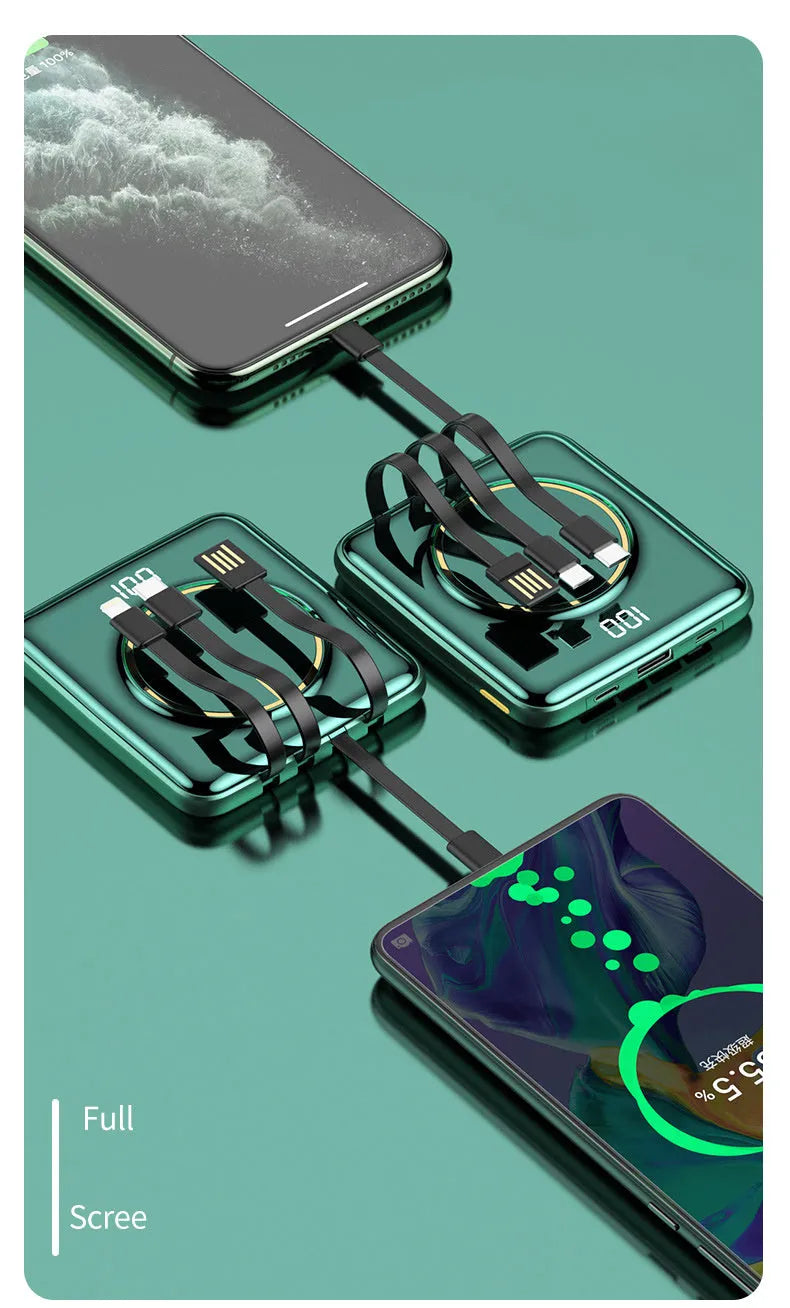 Compact square 20000mAh power bank with LCD screen, shown in red, green, and black colour options.