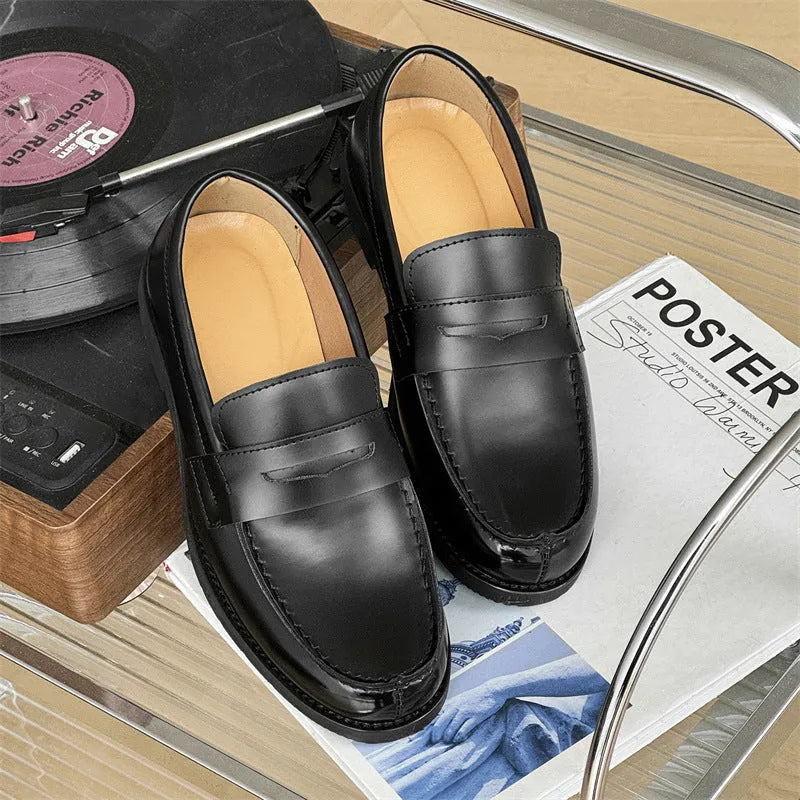 Men's black slip-on Derby leather shoes with a Microfiber upper and rubber sole.