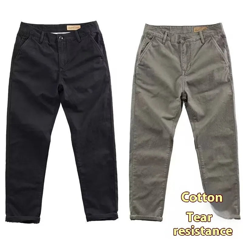 Men's slim fit straight-leg casual pants in a gray cotton blend fabric with an elasticated waistband.