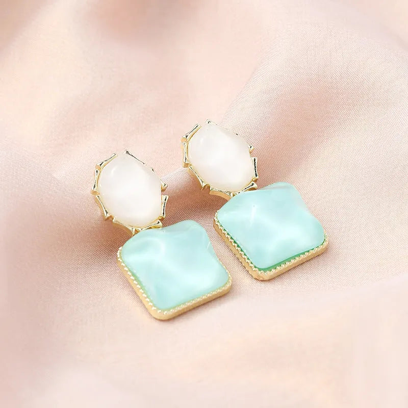 Contrast colour water ripple geometric square earrings for women, electroplated alloy, 7 colour options including sapphire blue and violet