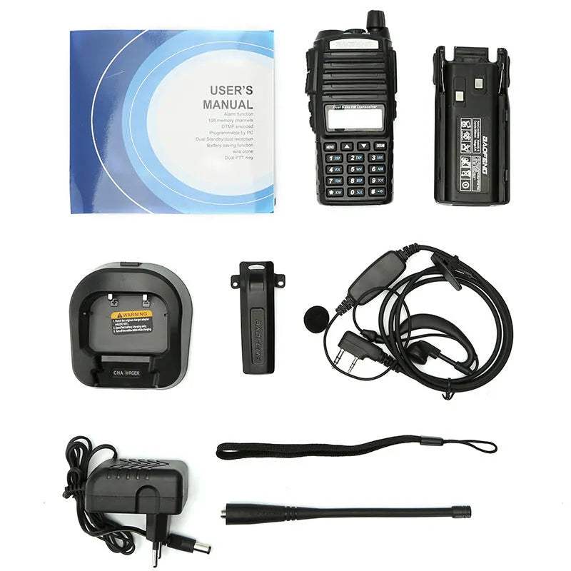 BF-UV82 8W walkie talkie in Black with 1800mAh lithium battery, 50Ω antenna and AU EU UK US plug options