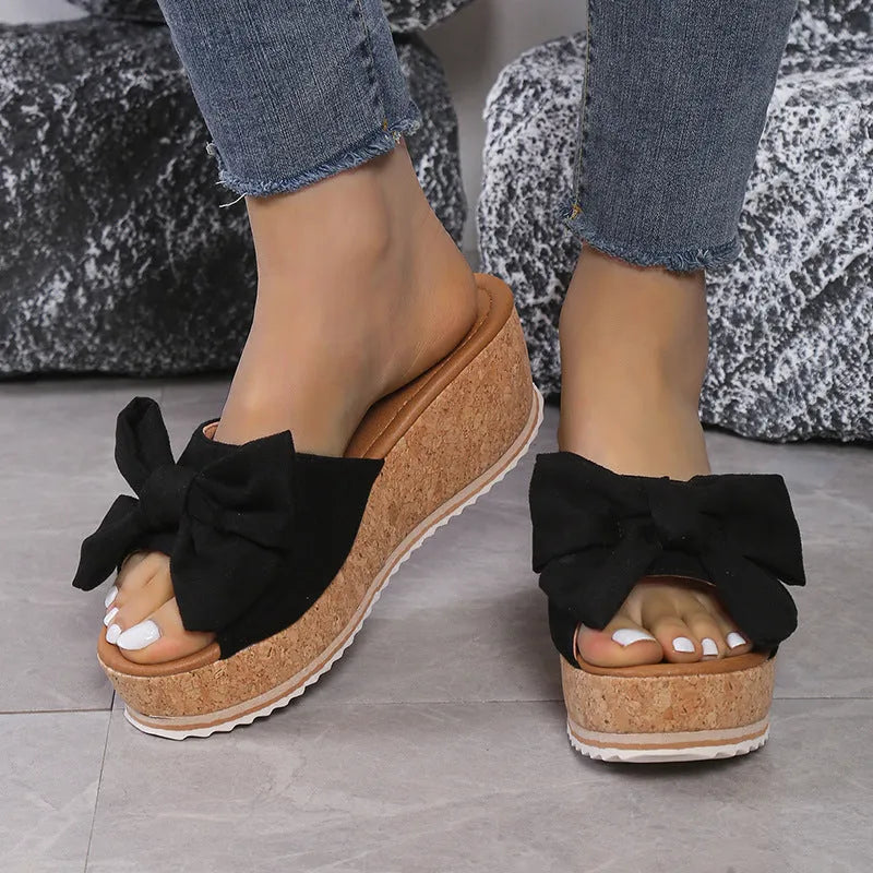 Fashion bow leopard print wedge slippers for women with thick sole and fish mouth toe in black leopard colour