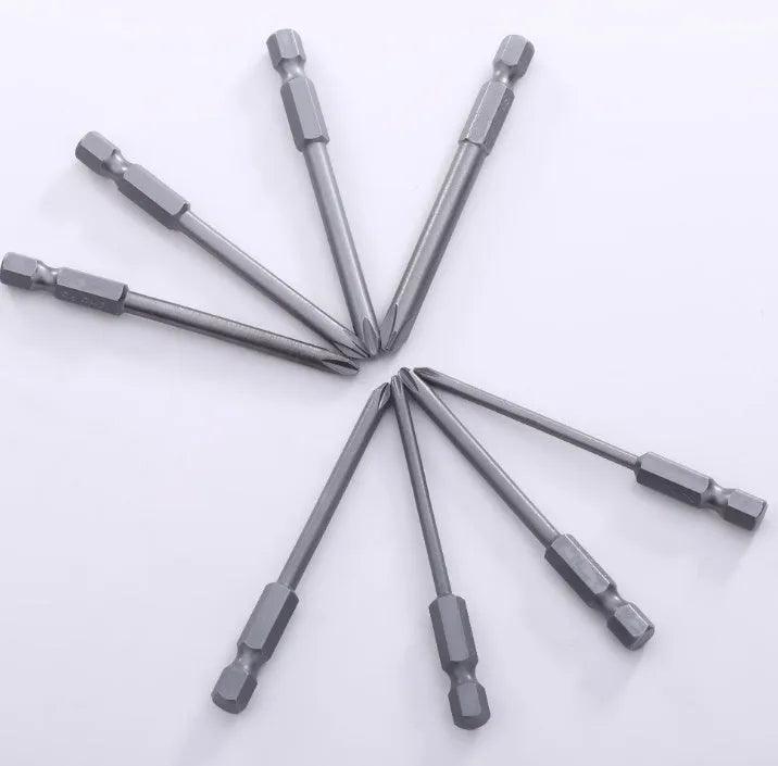 Eight 75mm long magnetic cross-head screwdriver bits with a 1/4 inch hex shank, laid out in a set.