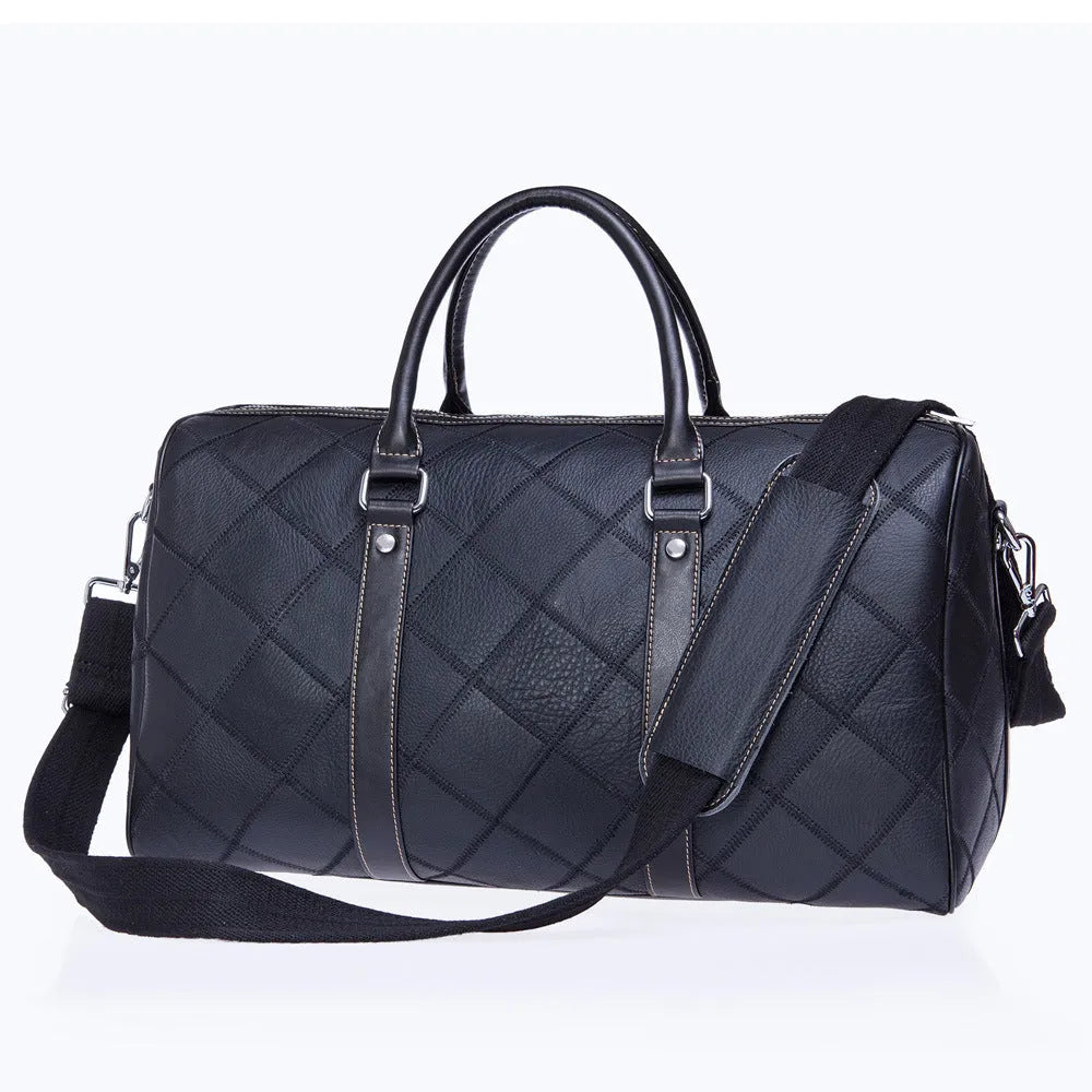 Men's brown leather duffel bag with a single strap and internal organiser pockets