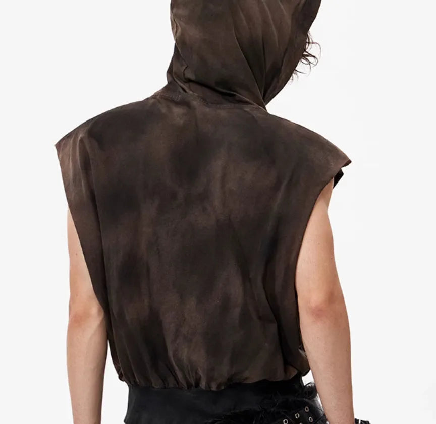Khaki coloured cotton short-sleeve hood vest on a hanger
