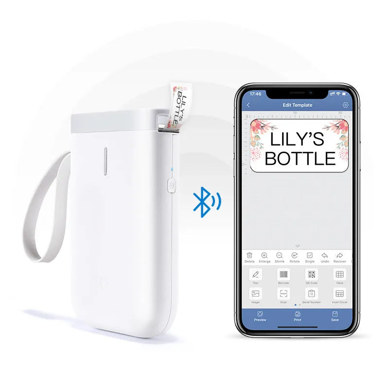 Compact black D11 Bluetooth thermal label printer on a desk next to a smartphone showing the label design app.