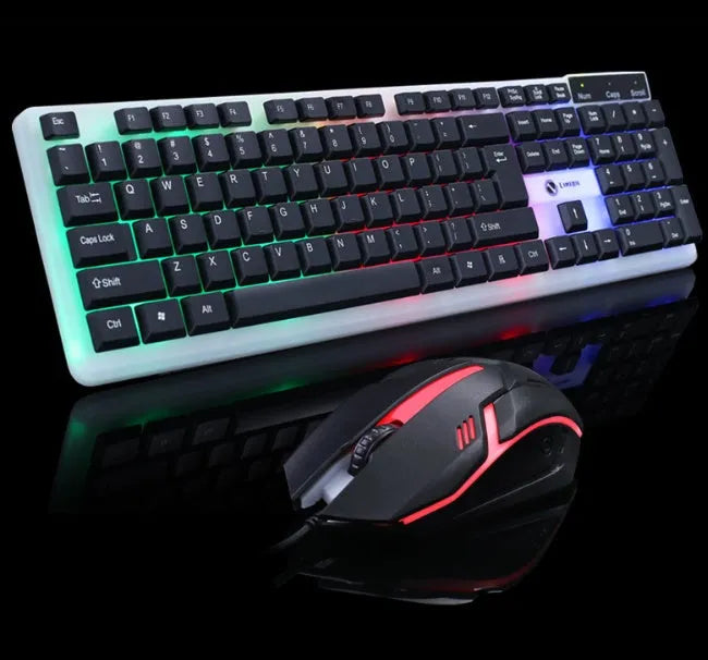 Black wired keyboard and mouse set with 104 keys floating keycaps and USB cables