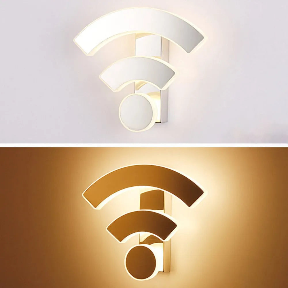 White acrylic WIFI-shaped LED wall light with warm white light on a beige wall