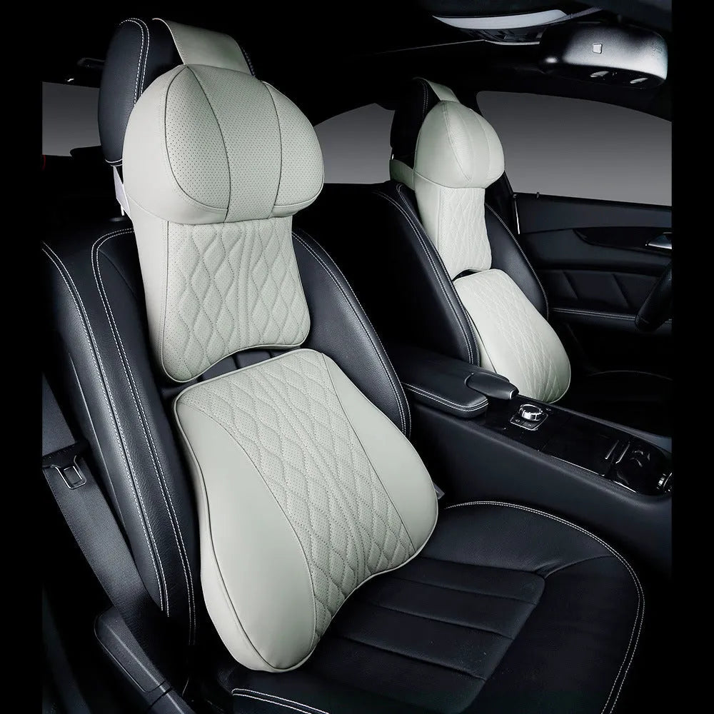 Car neck pillow and lumbar support cushion set in beige with wavy pattern texture