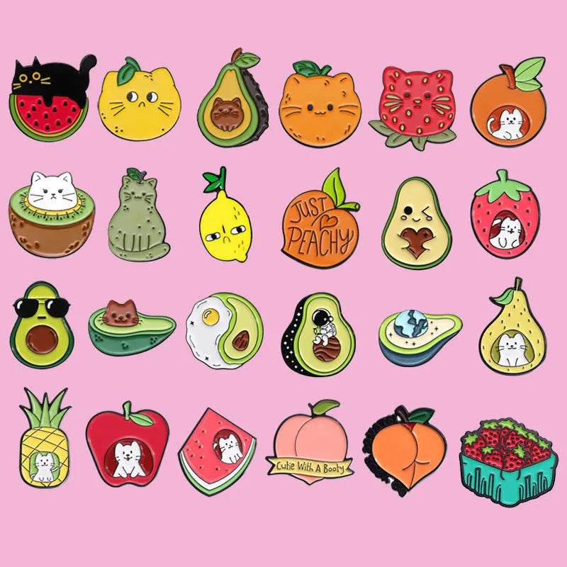 Close-up of a colourful cartoon fruit and letter design zinc alloy brooch pin.