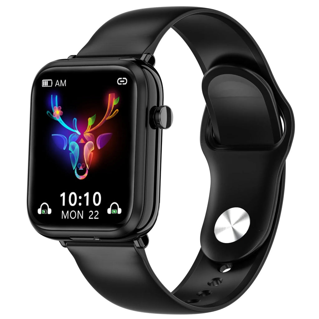 Black zinc alloy smartwatch with 1.69-inch touch screen displaying heart rate data.