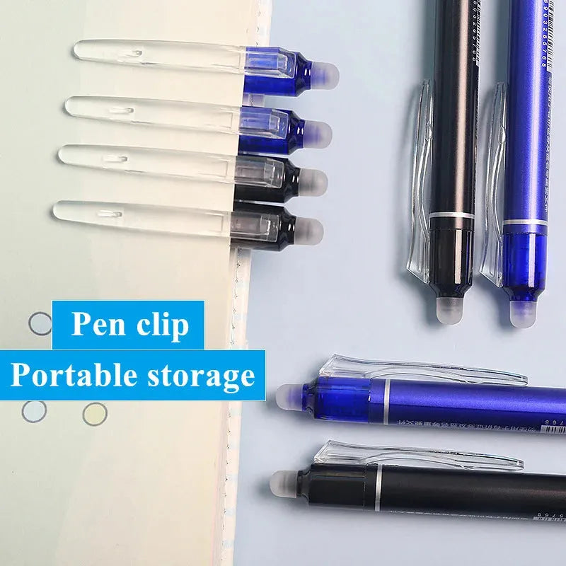 Blue and black erasable gel pen with 0.5mm stainless steel tip for student writing