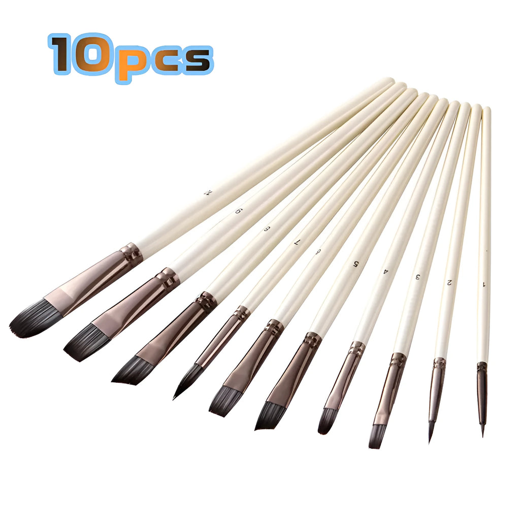 Set of 10 pearl white nylon paintbrushes with wooden handles for oil painting.