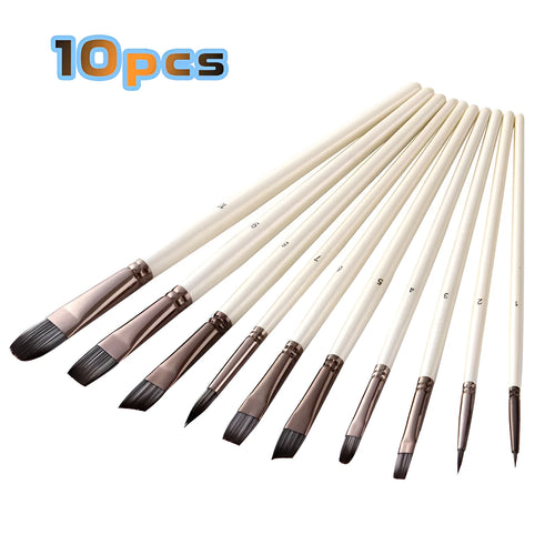 Set of 10 pearl white nylon paintbrushes with wooden handles for oil painting.