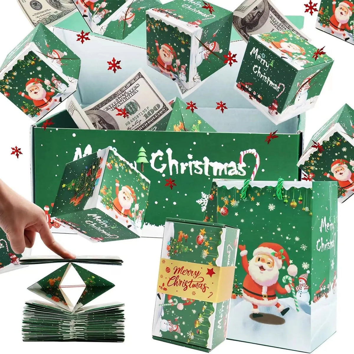 Paper surprise box gift set with bounce boxes, gift box and gift bag in red or green Santa snowman design