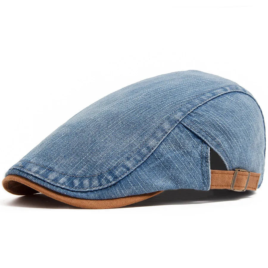 Men's adjustable cotton beret hat with dome crown in blue, light blue, black, or dark blue for spring and autumn.