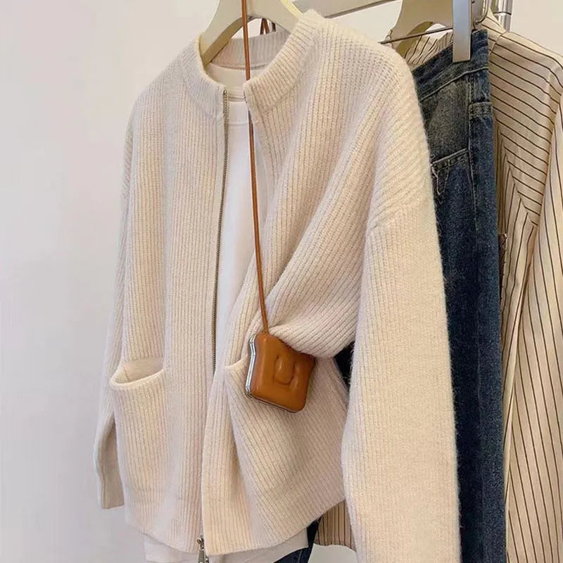 Soft wind glutinous sweater coat cardigan in beige colour, shown as a long-sleeve casual knitwear layer.